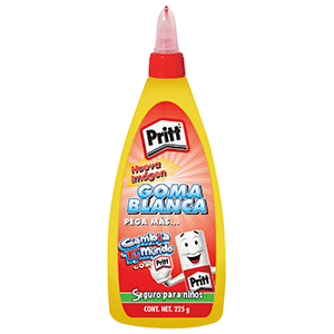 Goma líquida marca Pritt de uso escolar y multipropósito. Pega papel, cartón y foamy con secado transparente. Fórmula lavable, segura para niños y de aplicación controlada.