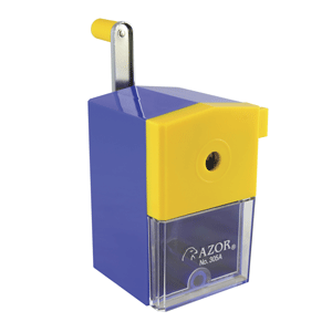 Sacapuntas marca Azor con cuchilla afilada que da punta uniforme a lápices y lápices de colores. Diseño práctico con depósito de viruta.