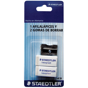 Sacapuntas marca Staedtler con cuchilla afilada que da punta uniforme a lapices y lapices de colores. Diseno practico con deposito de viruta.