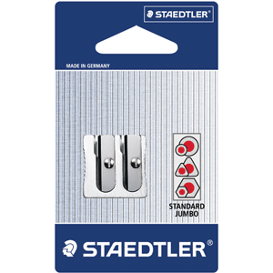Sacapuntas marca Staedtler con cuchilla afilada que da punta uniforme a lapices y lapices de colores. Diseno practico con deposito de viruta.