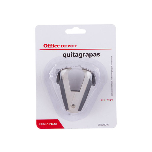 Quitagrapas Office Depot en color negro. Diseño ergonómico que permite retirar grapas fácilmente sin dañar los documentos. Construcción metálica duradera. Herramienta esencial para cualquier escritorio de oficina.