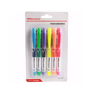 Marcatextos marca Office Depot con tinta fluorescente para resaltar información clave en libros, apuntes y documentos. Trazo uniforme que no traspasa el papel.