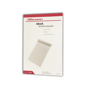Block de papel cuadro 5mm color blanco tamaño esquela OFFICE DEPOT. Hojas de calidad con márgenes definidos y perforación uniforme para facilitar su uso y archivo. Ideal para apuntes, tareas y uso escolar y de oficina.