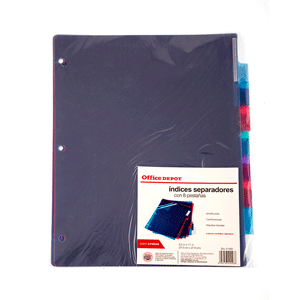 INDICE SEPARADOR PLASTICO MULTICOLOR TAMAÑO CARTA OFFICE DEPOT 8 DIV