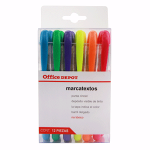 Marcatextos marca Office Depot con tinta fluorescente para resaltar información clave en libros, apuntes y documentos. Trazo uniforme que no traspasa el papel.