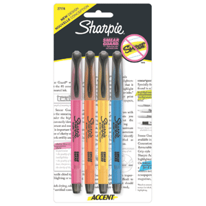 Marcatextos marca Sharpie con tinta fluorescente para resaltar información clave en libros, apuntes y documentos. Trazo uniforme que no traspasa el papel.