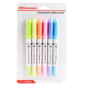 Marcatextos marca Office Depot con tinta fluorescente para resaltar informacion clave en libros, apuntes y documentos. Trazo uniforme que no traspasa el papel.