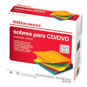SOBRES PARA CD/DVD EN COLORES 50 PK OFFICE DEPOT