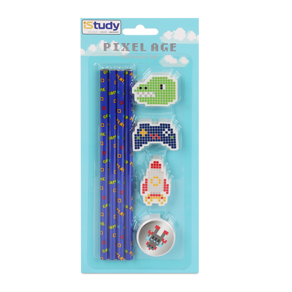SET ESCOLAR ISTUDY CONCEPTO GAMER DISENO PIXELEADO (INCLUYE 4 LAPICES + 3 BORRADORES + 1 SACAPUNTAS)