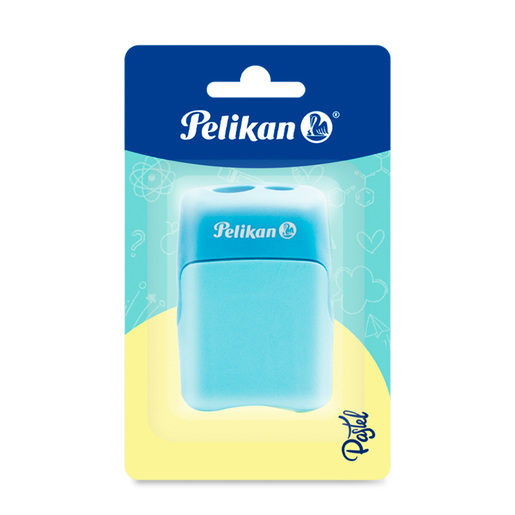 Sacapuntas marca Pelikan con cuchilla afilada que da punta uniforme a lápices y lápices de colores. Diseño práctico con depósito de viruta.