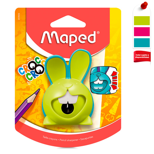 Sacapuntas marca Maped con cuchilla afilada que da punta uniforme a lapices y lapices de colores. Diseno practico con deposito de viruta.