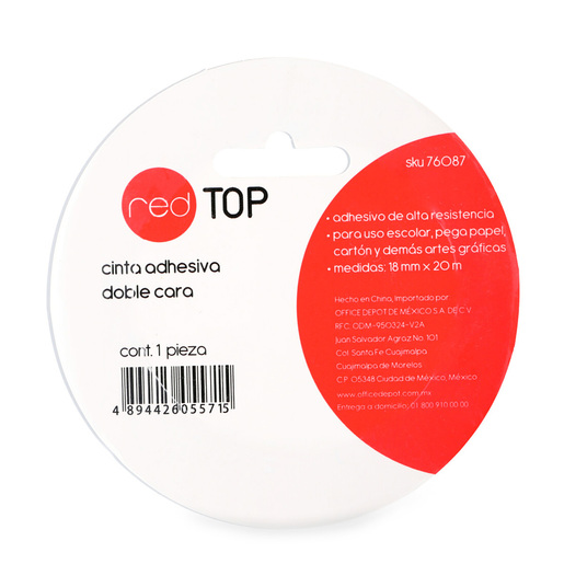Cinta doble cara marca Red Top con adhesivo en ambos lados. Pegado limpio e invisible para manualidades, decoracion, scrapbook y montaje de objetos ligeros en superficies lisas.