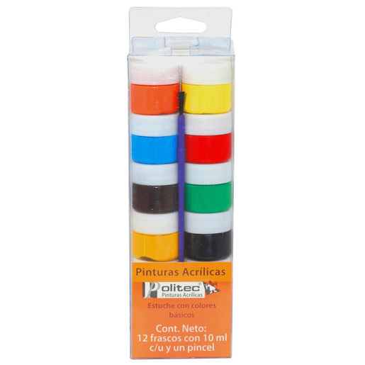 Pintura acrilica marca Politec de alta cobertura y secado rapido. Colores intensos para lienzo, madera, carton y manualidades. Resistente al agua una vez seca.