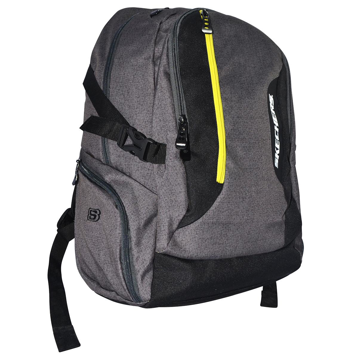 MOCHILA SKECHERS 18 (GRIS CON DETALLES AMARILLO)