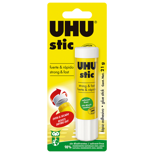 Barra de pegamento marca UHU de uso escolar y de oficina. Formula lavable, no toxica y de secado limpio sobre papel, carton y foamy. Aplicacion uniforme sin grumos, facil de usar para ninos y adultos.