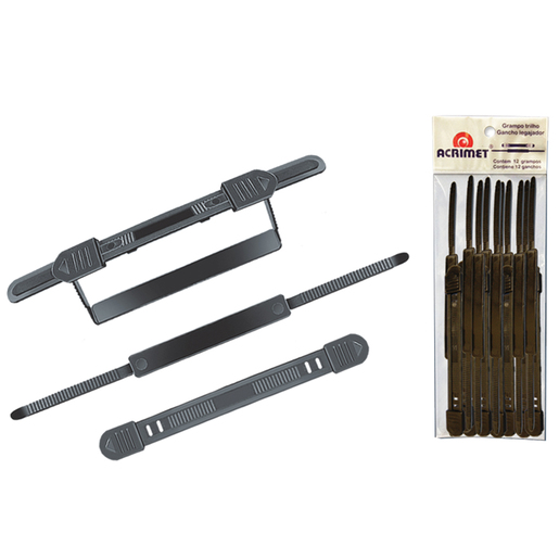 Gancho legajador Acrimet, paquete con 12 unidades en color negro. Fabricados en plástico resistente para archivar y organizar documentos en carpetas. Fáciles de usar y reutilizables. Ideales para oficina y archivo profesional.