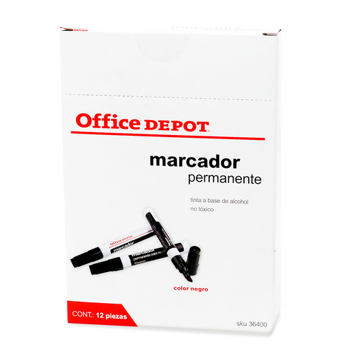 Marcador permanente marca Office Depot de tinta resistente al agua y al desvanecimiento. Escribe sobre papel, cartón, plástico, metal, vidrio y madera. Ideal para etiquetar y rotular.