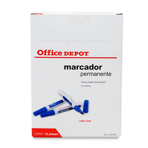 Marcador permanente marca Office Depot de tinta resistente al agua y al desvanecimiento. Escribe sobre papel, carton, plastico, metal, vidrio y madera. Ideal para etiquetar y rotular.