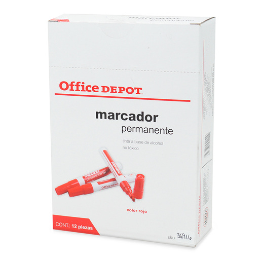 Marcador permanente marca Office Depot de tinta resistente al agua y al desvanecimiento. Escribe sobre papel, cartón, plástico, metal, vidrio y madera. Ideal para etiquetar y rotular.