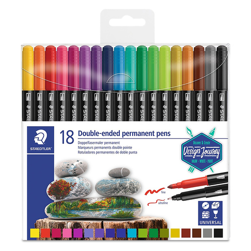 Marcadores de doble punta marca Staedtler con punta fina y punta brush. Versatiles para caligrafia, lettering, ilustracion y arte. Tinta vibrante de alta cobertura.