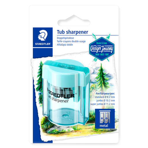 Sacapuntas marca Staedtler con cuchilla afilada que da punta uniforme a lapices y lapices de colores. Diseno practico con deposito de viruta.