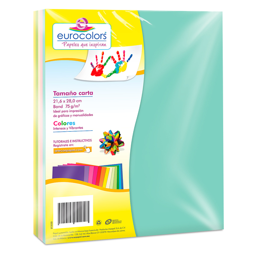 Hojas para carpeta EURO COLORS tamano carta, colores pastel, arcoiris (5 colores), 75 g/m², paquete de 100 hojas. Perforadas y listas para insertar en cualquier carpeta de argollas. Calidad uniforme h