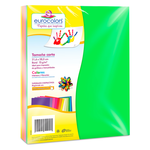 Hojas para carpeta EURO COLORS tamano carta, colores neon, 75 g/m², paquete de 100 hojas. Perforadas y listas para insertar en cualquier carpeta de argollas. Calidad uniforme hoja por hoja.
