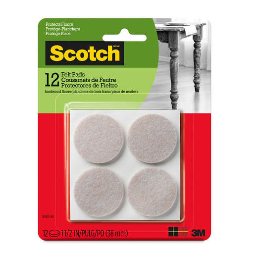 Protectores adhesivos marca Scotch para muebles y superficies. Evitan rayones, golpes y ruidos al cerrar puertas, cajones y bases de objetos. Discretos y duraderos.