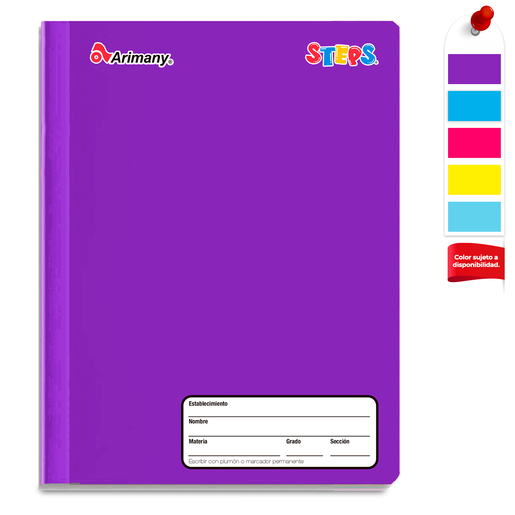 Cuaderno cosido marca Arimany con encuadernacion reforzada. Hojas planas al escribir y mayor durabilidad para uso intensivo en clase. Tipo de rayado: Rayas.
