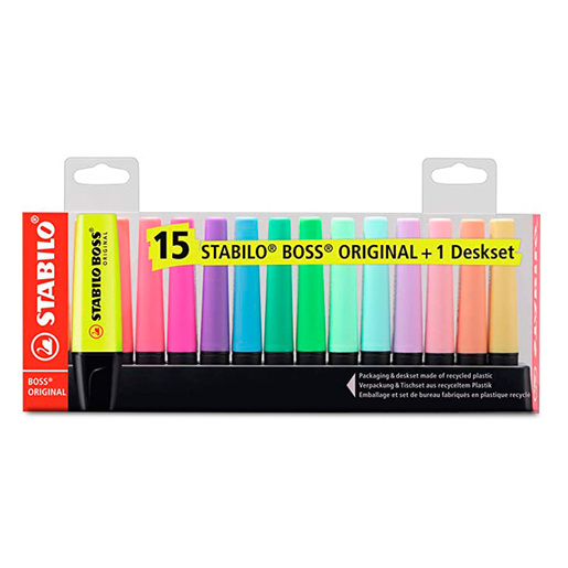 Marcatextos marca Stabilo con tinta fluorescente para resaltar informacion clave en libros, apuntes y documentos. Trazo uniforme que no traspasa el papel.