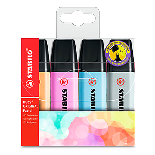 Marcatextos marca Stabilo con tinta fluorescente para resaltar informacion clave en libros, apuntes y documentos. Trazo uniforme que no traspasa el papel.