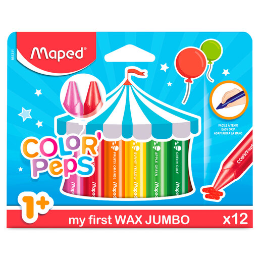 Crayones marca Maped de cera con colores intensos y aplicacion suave sobre papel y carton. Resistentes a la ruptura, perfectos para los mas pequenos.