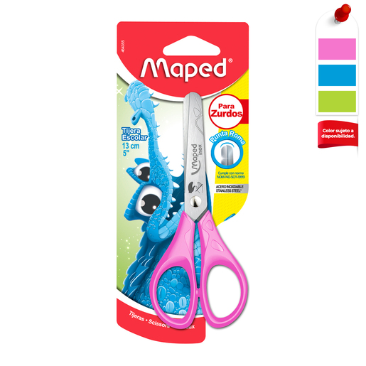 Tijera Maped Essentials de 13 cm para zurdos. Diseño especial con hojas invertidas para uso cómodo por personas zurdas. Hojas de acero inoxidable. Mangos ergonómicos. Ideal para escuela.