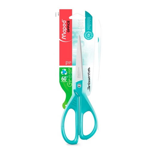 Tijera Maped Essentials de 21 cm en color celeste. Hojas de acero inoxidable para cortes limpios y precisos. Mangos de plástico ergonómicos. Ideal para oficina, hogar y manualidades.