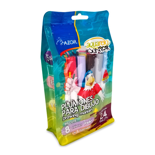 Marcadores marca Aquarelo con tinta de alta cobertura y colores vibrantes. Versatiles para escuela, oficina, arte y manualidades.