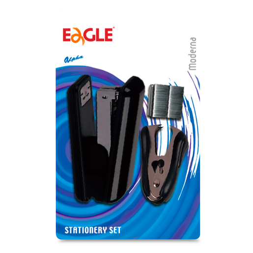 Set Eagle que incluye engrapadora y sacagrapas. Todo lo necesario para engrapar y retirar grapas en un solo paquete. Construcción metálica resistente. Compatible con grapas estándar. Práctico y económico.