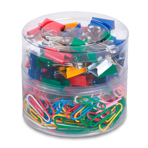Set de oficina Eagle 1 con 350 unidades. Incluye 310 clips y 40 sujeta documentos. Todo lo esencial para organizar documentos en un solo paquete. Práctico y económico para equipar el escritorio.