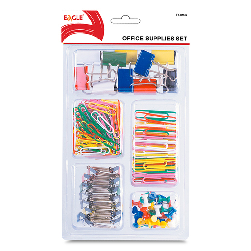 Set de oficina Eagle con 260 unidades. Incluye 50 clips, 100 clips, 30 push pins, 40 sujeta documentos y 40 ligas. Variedad de accesorios para mantener el escritorio organizado. Presentación práctica.