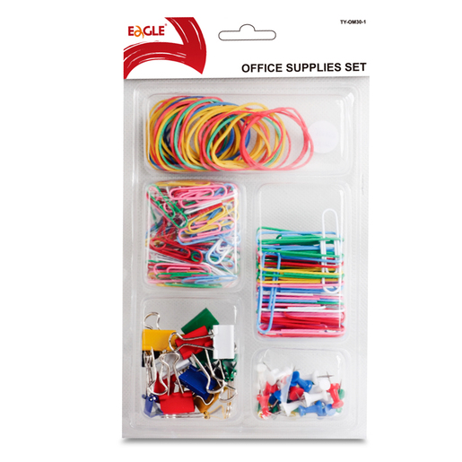 Set de oficina Eagle con 260 unidades. Incluye 50 clips, 100 clips, 30 push pins, 15 sujeta documentos y 40 ligas. Selección variada de accesorios esenciales para el escritorio. Presentación compacta.