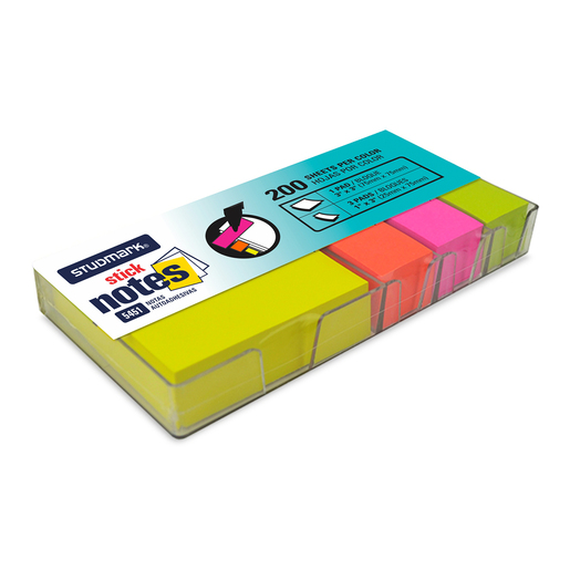 Notas adhesivas marca Studmark reposicionables para recordatorios, marcar paginas y organizar ideas. Adhesivo que se despega sin danar, perfecto para estudio, oficina y planificacion.