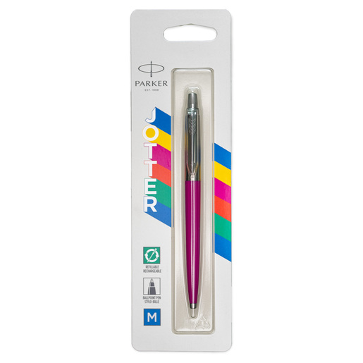 Bolígrafo Parker de diseño ejecutivo y escritura suave. Cuerpo metálico con acabados premium, ideal como pieza personal o regalo corporativo. Acabado en magenta.