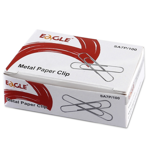 Clips Eagle plateados de 33 mm, caja con 100 unidades. Tamaño estándar para uso diario en oficina. Fabricados en alambre de acero niquelado resistente. Ideales para sujetar documentos de pocas páginas.