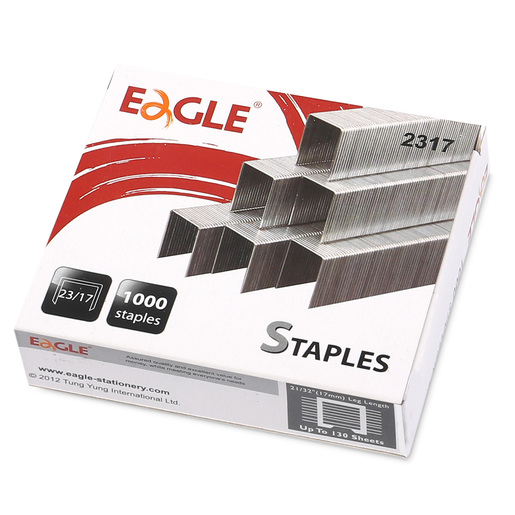 Grapas Eagle de uso pesado 23/17, caja con 1000 unidades. Capacidad para engrapar hasta 100 hojas. Fabricadas en alambre de acero reforzado. Compatibles con engrapadoras de uso pesado.