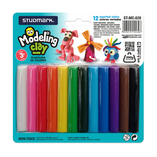 Plastilina marca Studmark suave y maleable, fácil de moldear. Colores vivos que se mezclan entre sí. Estimula creatividad y motricidad fina.