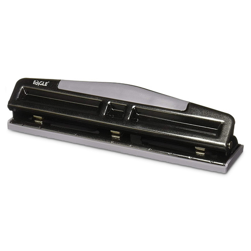 Perforadora Eagle Eterna de 3 orificios con capacidad de 12 hojas. Construcción metálica resistente. Compatible con carpetas de 3 anillos. Incluye guía ajustable y depósito de residuos. Ideal para archivo.
