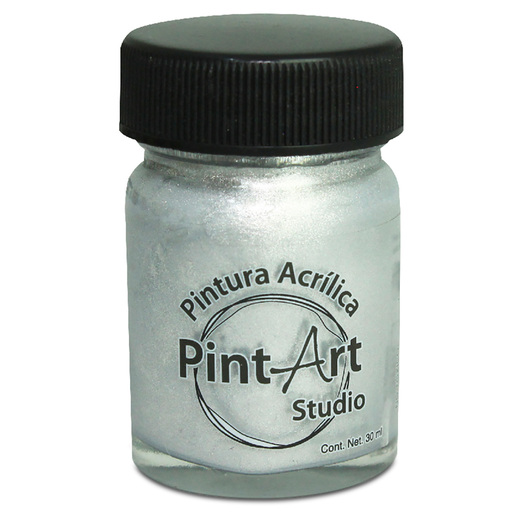 Pintura acrilica metalica marca Pintart con acabado brillante. Aporta efectos dorados, plateados y metalizados en lienzo, madera y manualidades.