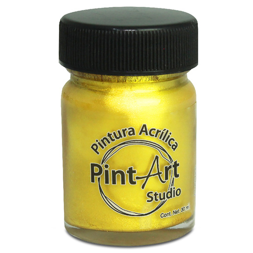 Pintura acrilica metalica marca Pintart con acabado brillante. Aporta efectos dorados, plateados y metalizados en lienzo, madera y manualidades.