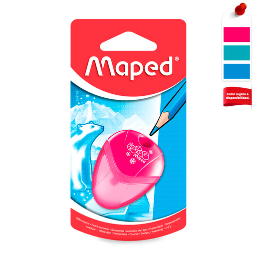 Sacapuntas marca Maped con cuchilla afilada que da punta uniforme a lapices y lapices de colores. Diseno practico con deposito de viruta.