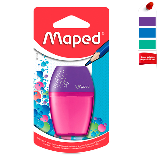 Sacapuntas marca Maped con cuchilla afilada que da punta uniforme a lápices y lápices de colores. Diseño práctico con depósito de viruta.