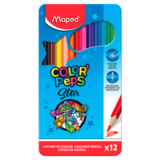 Lápices de colores marca Maped con mina pigmentada y resistente. Trazos suaves, intensos y mezclables, ideales para dibujo, coloreado y proyectos escolares.